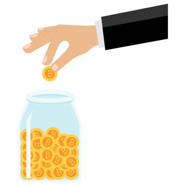 Beyaz arka planda, para dolu bir kavanoza bitcoin atan bir iş adamının eli resmedilir..