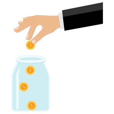 Beyaz arka planda, içi boş bozuk para dolu kavanoza bir dolar atan bir iş adamının eli resmedilir..