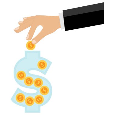 Beyaz arka planda, bir iş adamının bir kavanoza dolar şeklinde bir dolar işareti attığı bir el var..
