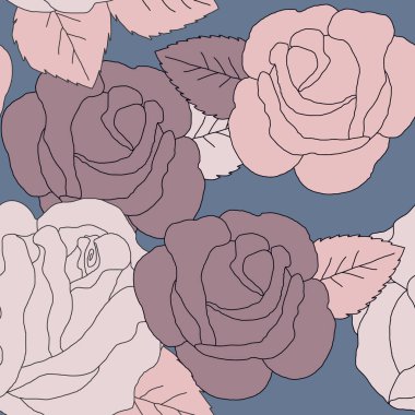 Mavi arka planda pürüzsüz pembe güller. Web siteleri, tekstil ürünleri, kartpostallar, duvar kağıtları, mobilyalar ve diğer yüzeyler için elverişli.