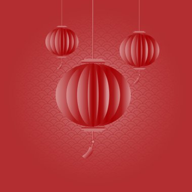 Kırmızı arka planda üç Çin feneri. Vektör deseni ile donatılmış.
