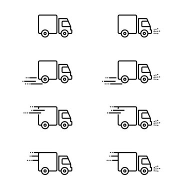 Beyaz arkaplan üzerinde ana hatlı vektör içinde kargo minibüsleri.