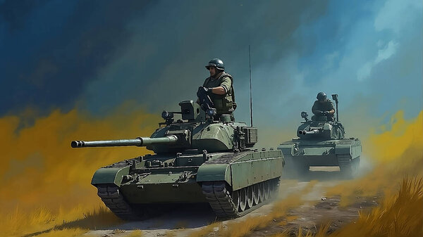 Иллюстрация двух танков и экипажей танков, движущихся по полю на синем и желтом туманном фоне в векторе.