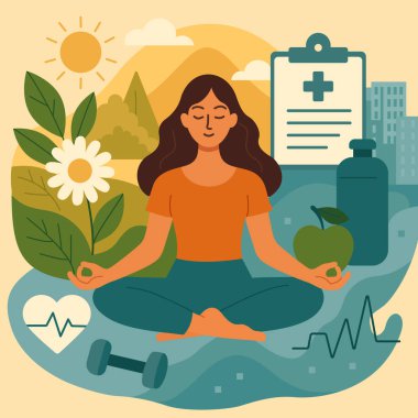 Doğal ve tıbbi unsurlarla denge, sağlık ve refahı sembolize eden meditasyon yapan bir kadının vektör çizimi.