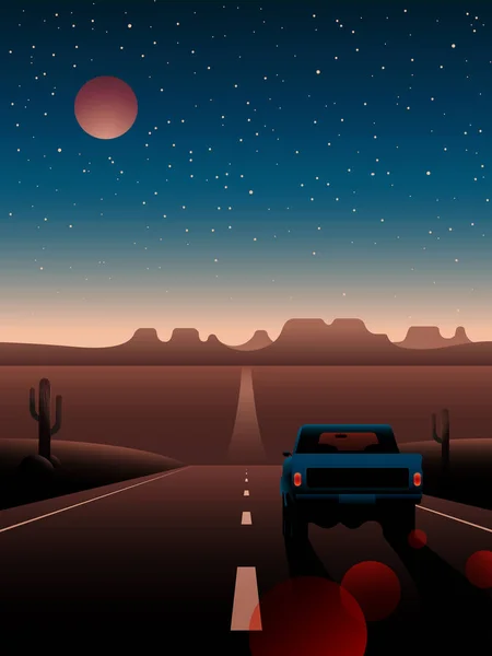 Night landscape of the desert and the car on the background of the mountains, stars and the moon.