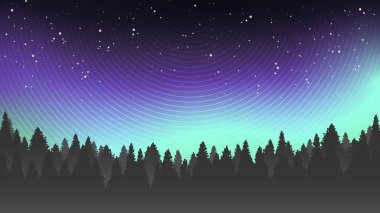 Kuzey ışığı manzarası. Kuzey yıldızlı gökyüzünün arka planında karanlık orman silueti. Astro İskandinav Soyut Tasarım. Vektör illüstrasyonu.