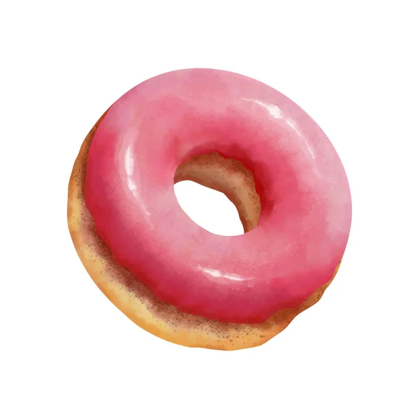 Donut Aquarell Handzeichnung Realistischer Rosa Glasierter Donut Vektor Illustration Isoliert — Stockvektor