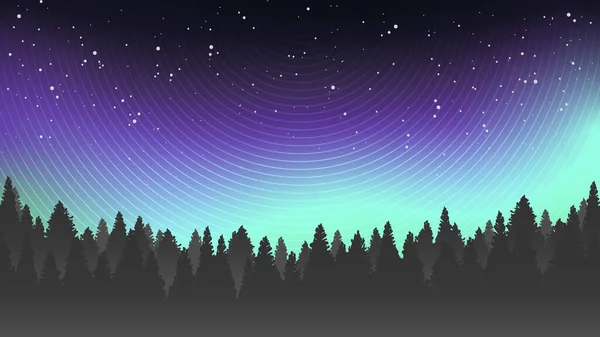 Paysage Lumière Nord Silhouette Forêt Sombre Sur Fond Ciel Étoilé — Image vectorielle