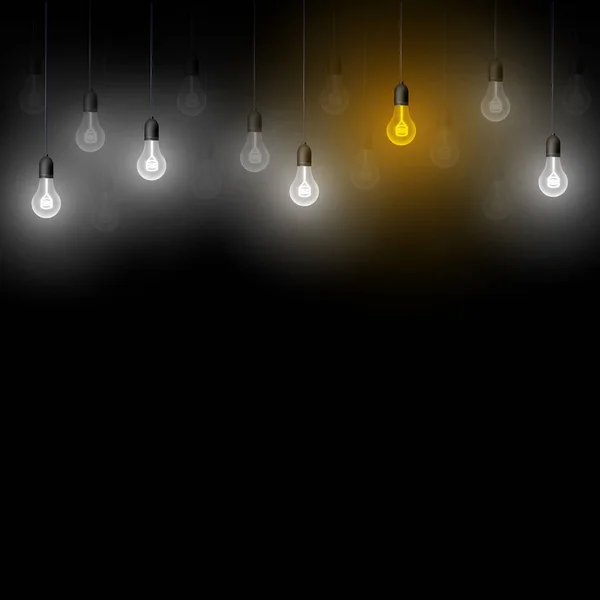 Білі Блискучі Лампочки Чорному Тлі Висячі Яскраві Лампочки Дизайну Ізольовані — стоковий вектор