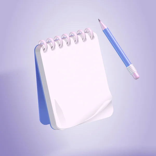 蓝色笔记本和铅笔在淡紫色的背景上 3D渲染 白色空白页 用于文本消息 — 图库照片