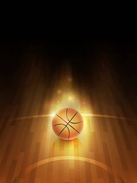 篮球运动在木制的明亮的棒子上 运动器材说明 单颗橙色球在光点和黑暗背景中 — 图库矢量图片