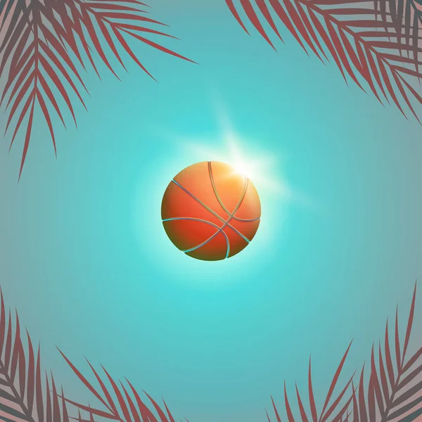 篮球运动在空中的阳光和蓝天背景下进行 明亮的夏季篮球比赛图解 用阳光和棕榈枝 — 图库矢量图片