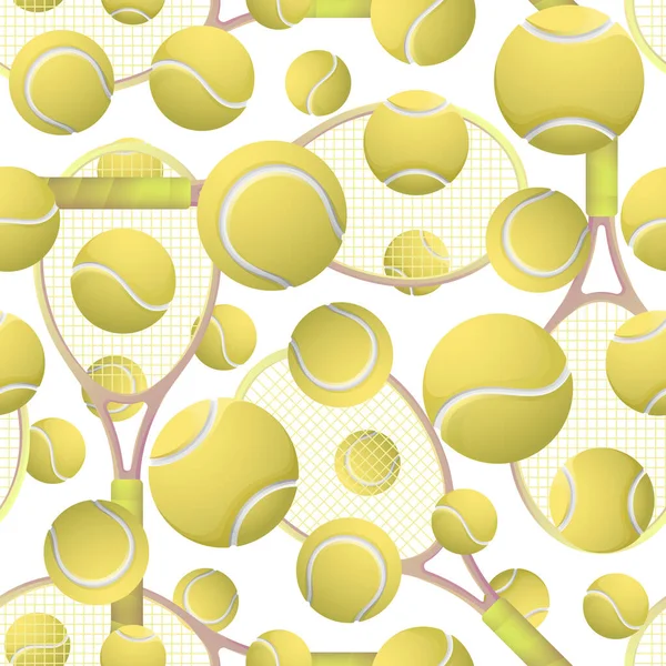 テニスイエローのボールとラケットのシームレスなパターンイラスト スポーツ用具 白い背景にテニスボールとラケットのパターン ベクターイラスト — ストックベクタ