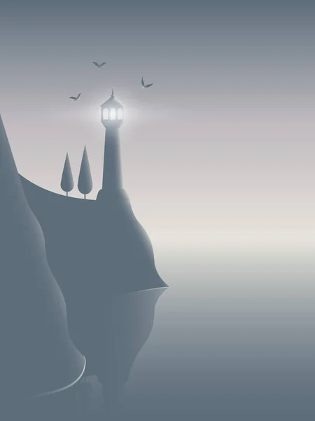 Illustration Phare Mystérieux Dans Brouillard Sur Falaise Sombre Troupeau Mouettes — Image vectorielle