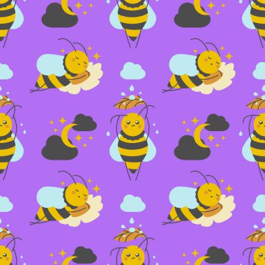 Şirin, küçük arılar kusursuz desen. Uyuyan arılarla mor arkaplan.