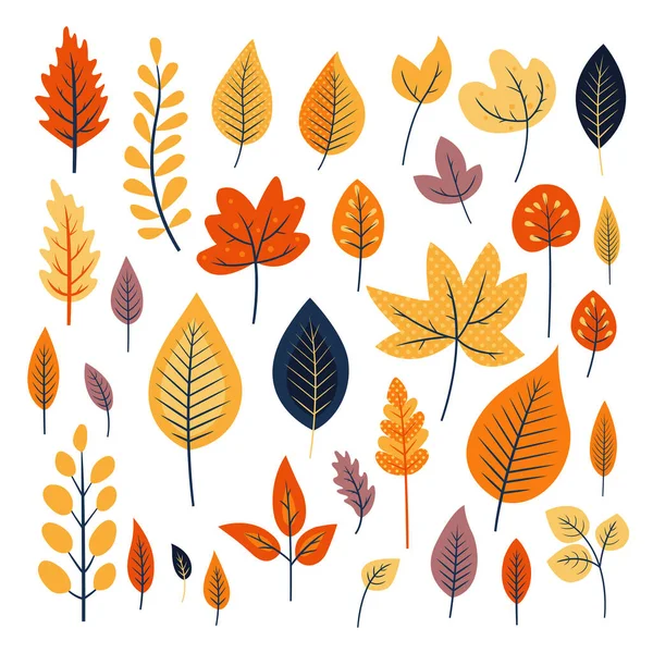 stock vector Set of autumn leaves in cartoon flat style. Colorful elements design for decoration.