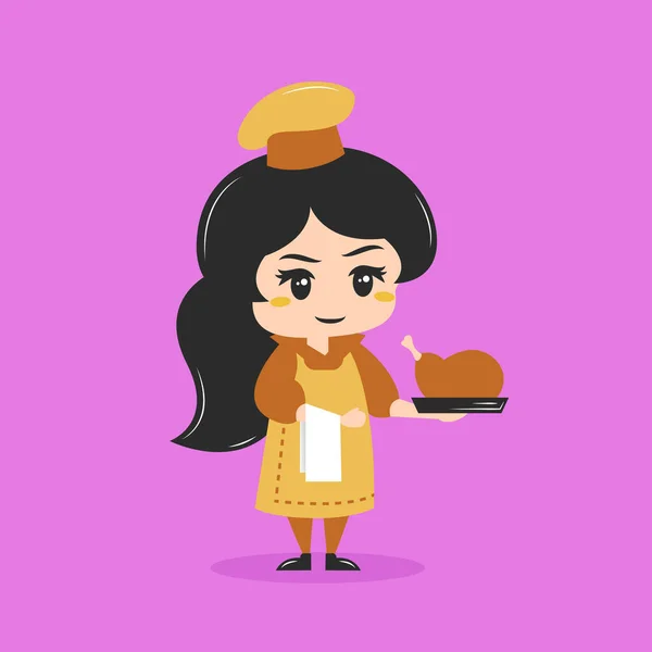 Chibi stili aşçı kız karakteri ve fırında hindi. Düz biçimli vektör illüstrasyonu.