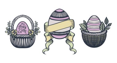 Paskalya yumurtaları, çiçek ve yapraklarla süslenmiş klasik sepetler. Vektör dekorasyon koleksiyonu.