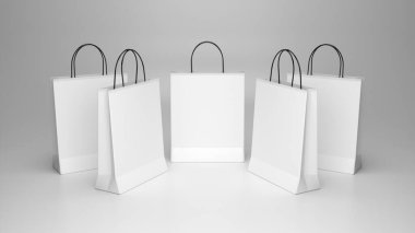Beyaz alışveriş çantası. Beyaz arka planda markanız için 3D hazırlama modeli..