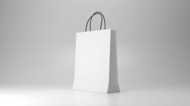 Beyaz alışveriş çantası. Beyaz arka planda markanız için 3D hazırlama modeli..
