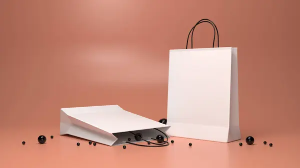Beyaz alışveriş çantası şeftali rengi arka planda markanız için 3D hazırlama modeli.