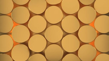 Parlak arka planda yuvarlak altın şekilli desenler. 3B görüntüleme.
