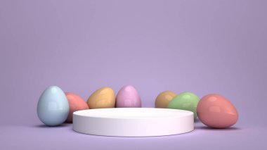 Renkli paskalya yumurtalarıyla Paskalya podyumu modeli. 3d oluşturma arkaplanı.