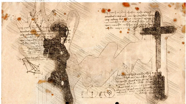 3Dイラスト Leonardo Vinciのスタイルでエンジニアリング図面 — ストック写真