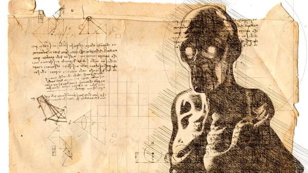 3Dイラスト Leonardo Vinciのスタイルでエンジニアリング図面 ロイヤリティフリーのストック画像