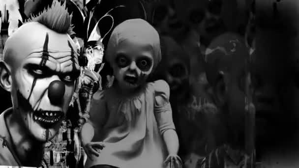 Animación Espeluznantes Espeluznantes Aterradoras Muñecas Bebé Vintage Payaso Con Efecto — Vídeos de Stock