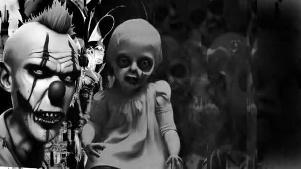 Анімація Дивних Моторошних Страшних Старовинних Дитячих Ляльок Клоун Ефектом Камерного — стокове відео