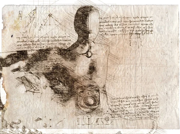 3d illustration of a man drawing in style of Leonardo Da Vinci