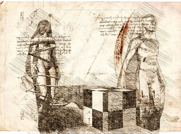 3d illustration of a woman and a man drawing in style of Leonardo Da Vinci