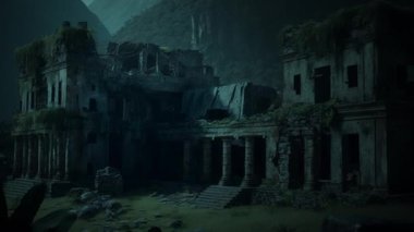  Animasyon - İnka şehri dağlardaki harabeler, eski taş tapınaklar ve ormandaki evler