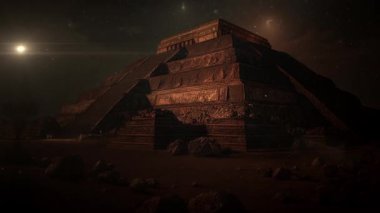 Animasyon - Teotihuacan 'da geceleyin Güneş Piramidi, Meksika' daki antik harabelerin fantezi görüntüsü