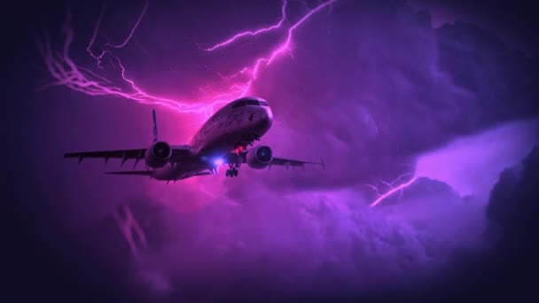 Animation Airplane Flying Storm Lightning Strikes Passenger Plane — Stock Video