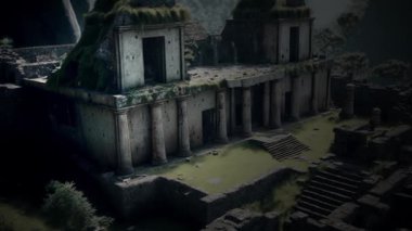  Animasyon - İnka şehri dağlardaki harabeler, eski taş tapınaklar ve ormandaki evler