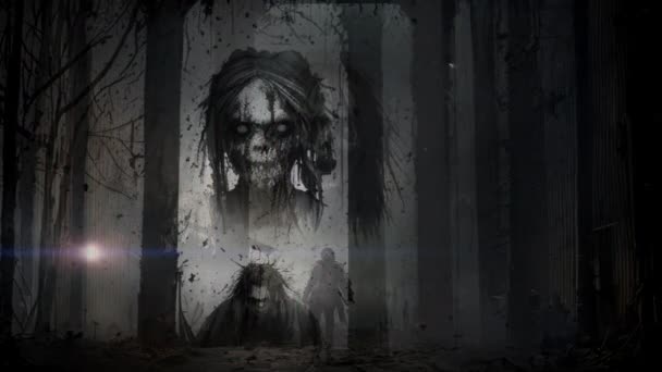 Zombie Gruselig Und Beängstigend Mit Schmutzigem Interieur Bei Wenig Licht — Stockvideo