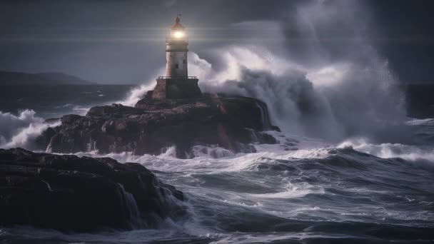 Animação Tempestade Com Grandes Ondas Sobre Farol Oceano — Vídeo de Stock