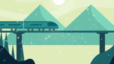 2 Boyutlu Çizgi Film Kış Manzarası. Arka planda tren ve dağ var. 