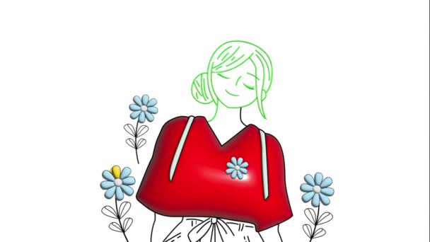 Animation Stylized Cartoon Peaceful Woman Red Shirt Simplistic Blue Flowers — Stock Video