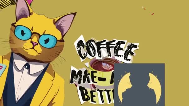 Alto Movimiento Animación Collage Arte Contemporáneo Con Texto Animado Gato — Vídeo de stock