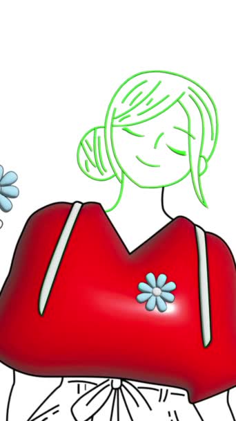 Vertikal Animation Stiliserad Tecknad Fridfull Kvinna Röd Skjorta Bland Förenklad — Stockvideo
