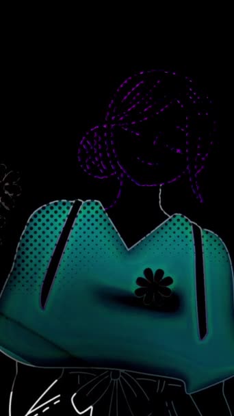 垂直动画 深色背景下带有霓虹灯口音和花卉元素的妇女的风格数字艺术作品 — 图库视频影像