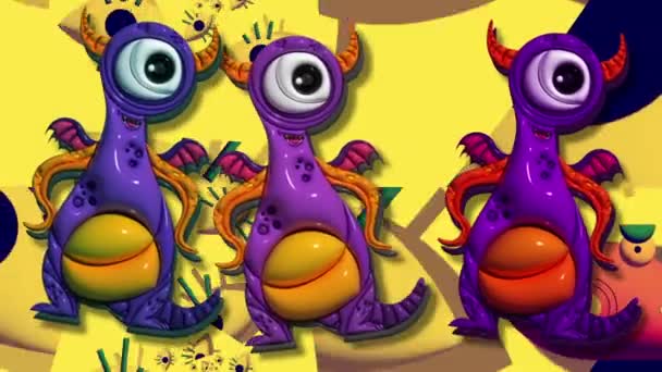 Animación Tres Monstruos Simpáticos Caprichosos Colores Vibrantes Representados Estilo Juguetón — Vídeos de Stock