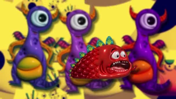 Animation Scène Ludique Monstres Animés Caricaturaux Aux Traits Expressions Exagérés — Video