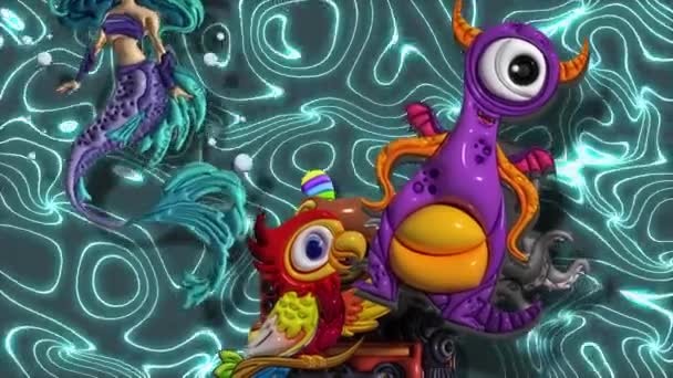 Animation Illustration Vibrante Créatures Fantaisistes Fantaisistes Sur Fond Abstrait Dynamique — Video