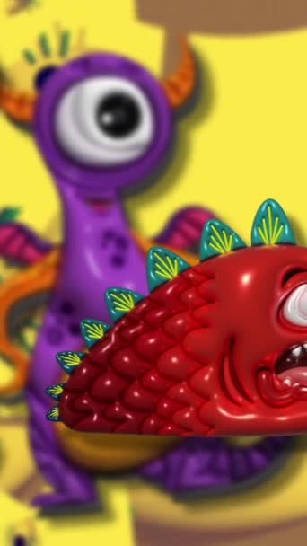 垂直动画 生动的 卡通般的怪物的滑稽场景 — 图库视频影像