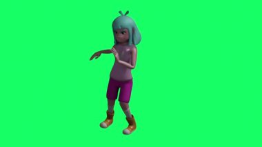 animasyon - 3 boyutlu genç kadın animasyon karakteri krom anahtar yeşil arka planda dans ediyor.