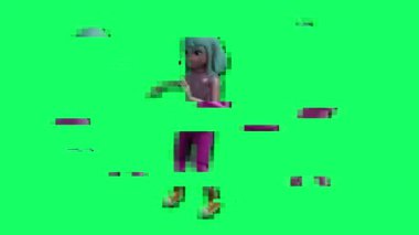 animasyon - 3 boyutlu genç kadın animasyon karakteri krom anahtar yeşil arka planda dans ederken arıza etkisi yarattı 